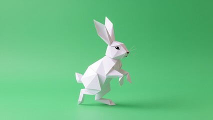 White low poly origami rabbit standing on hind legs, vibrant green backdrop.