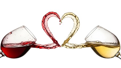 Red and white wine splashing to form a heart shape, isolated on white background