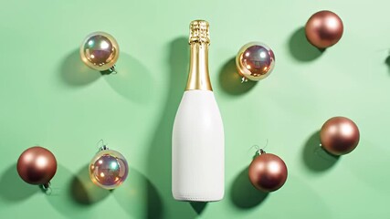 Champagne bottle and Christmas ornaments on a green background. - Powered by Adobe