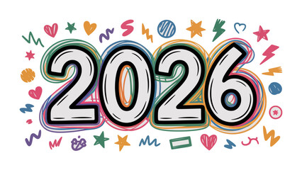 New Year 2026: A playful and colorful illustration of the year 2026, surrounded by doodles, hearts, stars, and symbols, creating a vibrant and cheerful design for the future.
