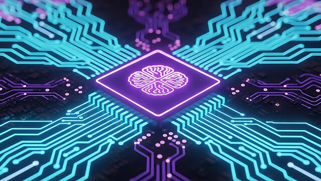 Glowing central processor with digital circuit board connections