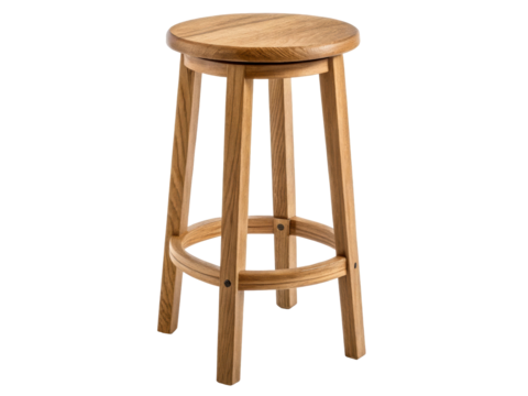 Natural solid wood round seat stool with three legs and circular footrest, perfect for kitchen counter, cafe, or home bar use and interior decor.
