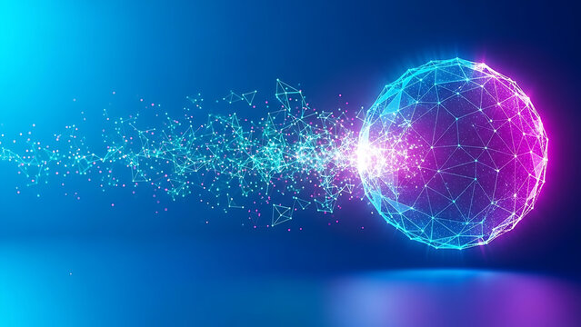 Abstract glowing sphere dissolving into digital particles with neon light