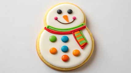 Fototapeta premium Christmas dessert snowman cookie decorated with colorful icing and candy buttons on white background festive and cheerful treat