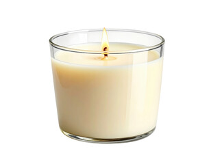 A close-up high-angle photographic view of a creamy white, burning candle with a small flame, contained within a clear glass jar against a transparent background.