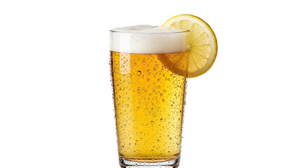 Refreshing beer with lemon slice in a glass showcasing condensation and golden color against a perfect for summer promotions on transparent background