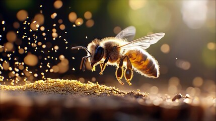 A honeybee flies near pollen, illuminated by sunlight.