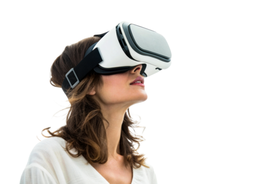 Young woman wearing virtual reality headset looking up into the future of technology, symbolizing immersive experience and digital innovation for virtual entertainment and gaming