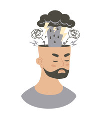 Mental Health. Sad Unhappy Man with Rain Cloud, Thunderstorm with Lightning and Tangled Thoughts from his head. Symbolizes emotional pain, confusion, Depression and Stress. Vector Illustration. Not AI