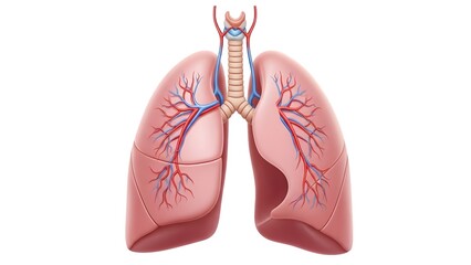 Anatomical illustration of human lungs and trachea showing bronchi and blood vessel branching isolated on white background
