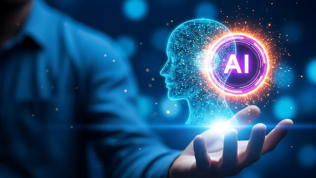 Man holding glowing artificial intelligence head with ai symbol