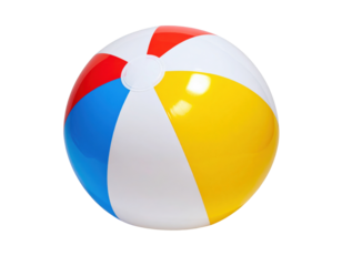 A classic inflatable beach ball with distinct red yellow white and blue colored panels on a transparent background.