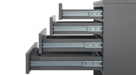 Gray cabinet with multiple open drawers and metal drawer slides isolated on a transparent background