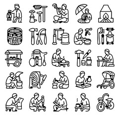 Artisan Craft Icon Set Depicting Various Trades and Professions