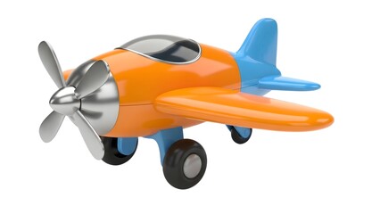 Small orange and blue toy airplane with propeller and wheels isolated on white background
