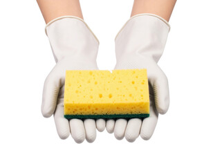 A pair of hands wearing white cleaning or dishwashing gloves holds up a yellow and green rectangular scrub sponge against a transparent background.