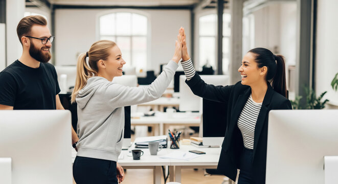 Teamwork Success: Business Women High-Fiving in Modern Office