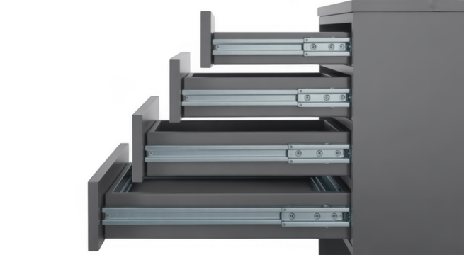 Gray cabinet with multiple open drawers and metal drawer slides isolated on a transparent background - Powered by Adobe