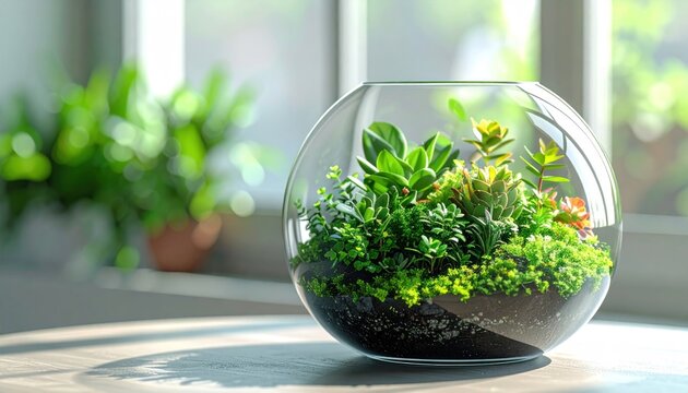 Terrarium on windowsill.