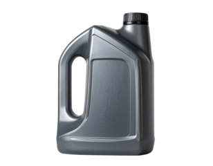 Gray plastic motor oil bottle with black cap isolated on transparent background for automotive maintenance and lubrication