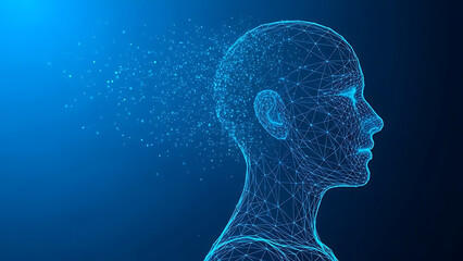 Abstract digital human head dissolving into particles on blue background