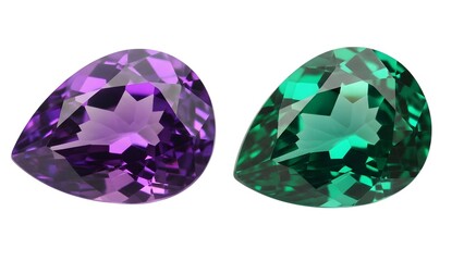 Two pearcut faceted gemstones, one vibrant purple amethyst and one vivid green tourmaline, isolated on white background