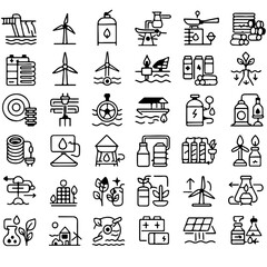 Diverse icons related to the concept of renewable energy and sustainability. The images encompass a range of eco-friendly practices and tools