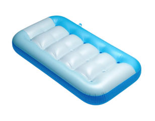 high-angle isolated shot of a blue and white inflatable air mattress or pool raft representing summer leisure and comfort.