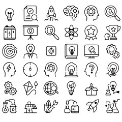Diverse array of science and technology related icons representing concepts and ideas. The image includes different design icon