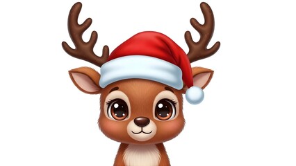 Cute cartoon baby reindeer wearing a red and white santa hat with big expressive eyes isolated on white background