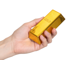 A human hand grasps a shiny golden bar marked with the word GOLD symbolizing wealth luxury and investment.