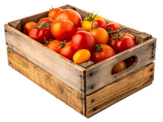 Rustic wooden crate overflowing with fresh red and yellow tomatoes, perfect for showcasing healthy produce and farmtotable concepts in food marketing and agricultural themes.