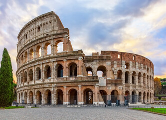 Ancient ruins in Rome at sunrise, Italy.
