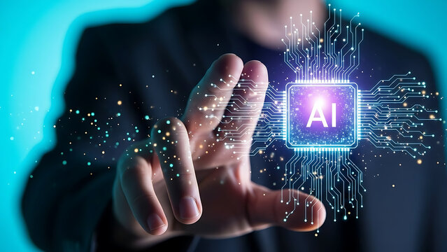 Person touching a glowing ai chip with digital data streams