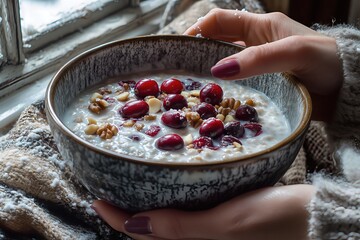 Bowl of oatmeal with cranberries and nuts held in hands.
