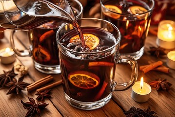 Hot mulled wine with citrus and spices on a wooden background.