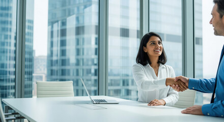 Business Professionals Handshake in Modern Office with City View