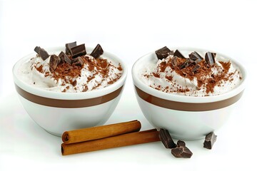 Cream dessert with chocolate and cinnamon on a white background.