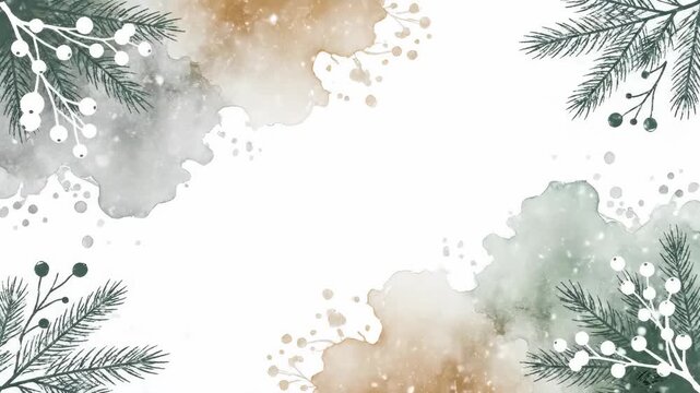 Watercolor Winter Festive Pine  Berry Splash Background.
