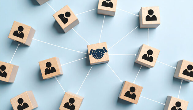Strategy teamwork collaboration planning solution meeting goal success innovation brainstorming wooden cube network handshake icon connecting people business concept emotional positive tone