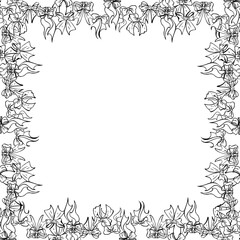 Retro ribbon bows with wide tails in square shape frame. Vector illustration hand drawn in ink and pen. Valentine greeting, birthday label, wedding menu stationery template, wrapping design border.