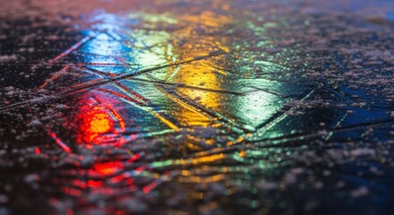Colorful reflections of lights on a wet asphalt road surface at night