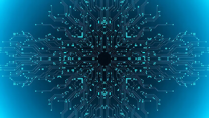 Abstract blue digital circuit board pattern with glowing lines and nodes