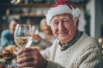 elderly man wearing a santa hat at a family christmas dinner, toasting with a wine glass in his hands near a christmas tree and people talking and smiling.
