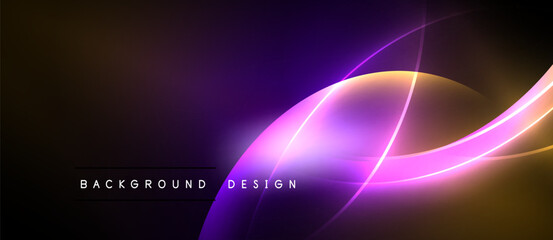 Abstract glowing lines, purple hues dominate design. Dark background creates dramatic visual effect. Modern, vibrant composition.