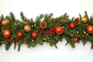 Christmas garland with pine branches and ornaments on a white background.