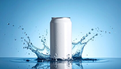 Silver beverage can with water splash in outdoor setting showcasing refreshment clarity and product appeal