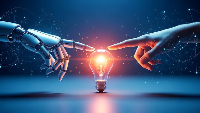 Human and robot hands reaching towards a glowing light bulb symbolizing innovation