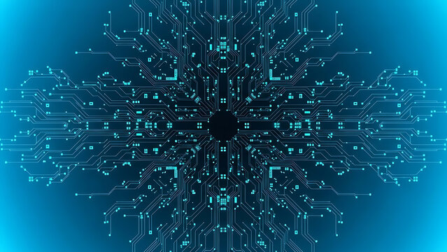 Abstract blue digital circuit board pattern with glowing lines and nodes