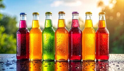 Row of colorful glass beverage bottles with condensation on reflective surface in sunny outdoor setting showcasing summer refreshment and product vibrancy